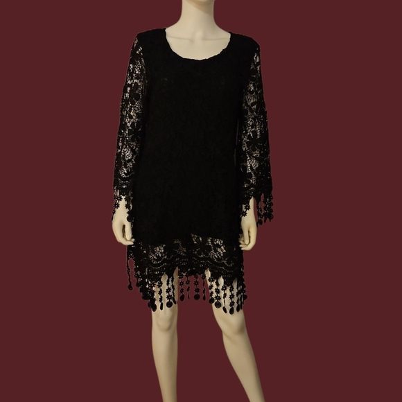MECHANT Black Crochet Lace Overlay Fringe Witchy Goth Micro Dress - Picture 1 of 10